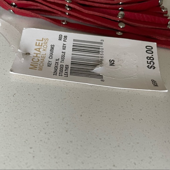 NWT Michael Kors Studded Tassel Key Chain Fob Bag Charm Silver/Red Leather - Picture 5 of 7
